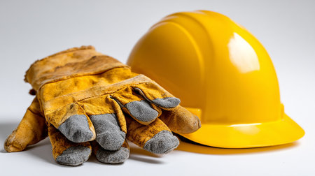 Safety gloves and hard hat on a white background. Close-up.の素材