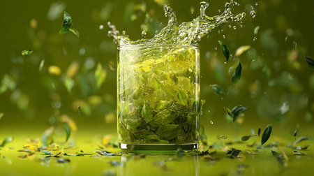 Glass of lemonade with splashes and leaves on green background.の素材