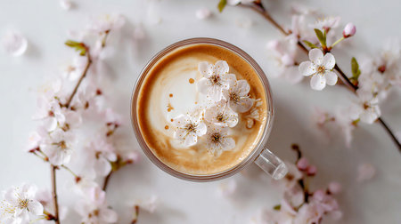 Cup of cappuccino with spring flowers on white backgroundの素材