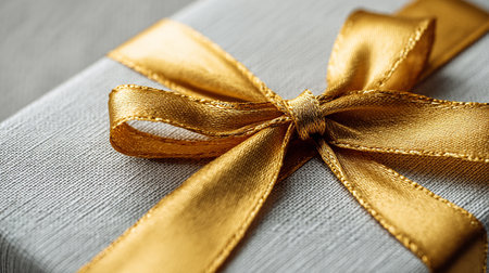 gift box with gold ribbon on gray background, close-upの素材