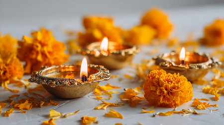 Indian Festival Diwali, Clay Diya lamps with marigold flowersの素材
