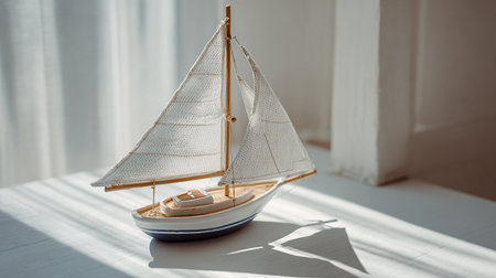 Model of a sailboat on a white background with a shadow from the windowの素材