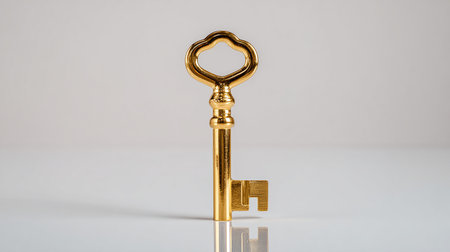 Golden key on a white background, close-up, selective focusの素材