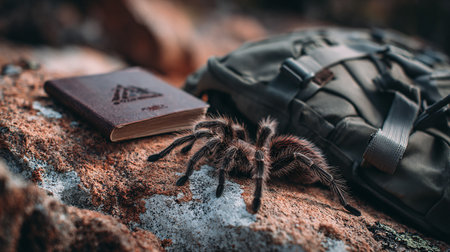 Tarantula spider and a book on the background of rocks.の素材