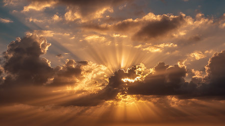 Dramatic sunset sky with clouds and sunbeams. Nature backgroundの素材