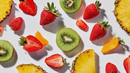 Fruit pattern with strawberries, kiwi and pineapple on a white backgroundの素材