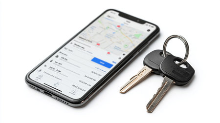 Smartphone with car key on a white background. Isolated.の素材
