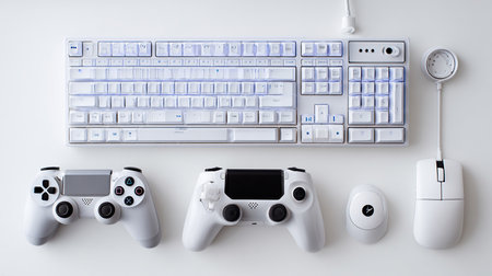 White keyboard, mouse, joystick and gamepad on a white backgroundの素材