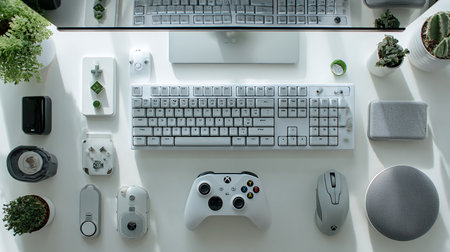 top view of modern workplace with pc keyboard, mouse and video game controllerの素材