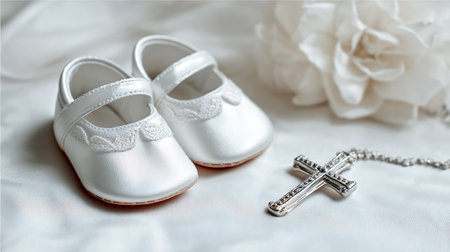 White baby shoes with a cross on the background of a white roseの素材