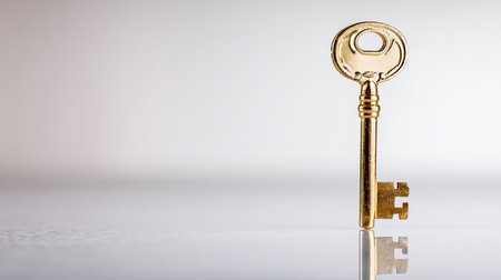 Golden key on a white background with reflection and copyspace.の素材
