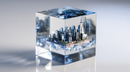 3d illustration of a city in a cube with reflection on a white backgroundの素材