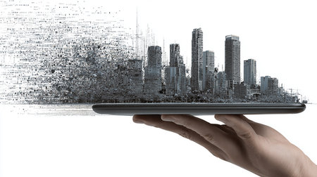 Close up of human hand holding tablet pc with modern cityscape. Mixed mediaの素材