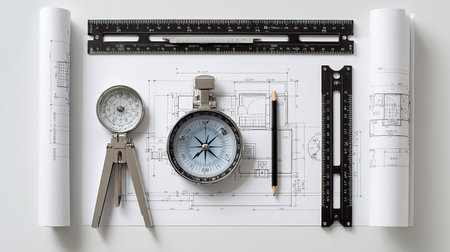 architectural plans with compass, pencil and ruler on white backgroundの素材