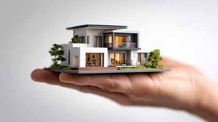 Real estate agent presenting house model in his palm. 3D renderingの素材