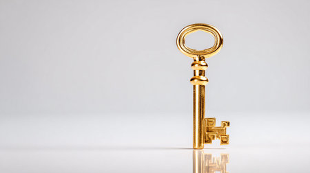 Golden key isolated on white background. Concept of security and protection.の素材