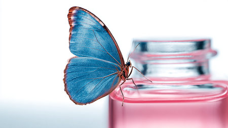 Blue butterfly on a glass bottle. Isolated on white background.の素材