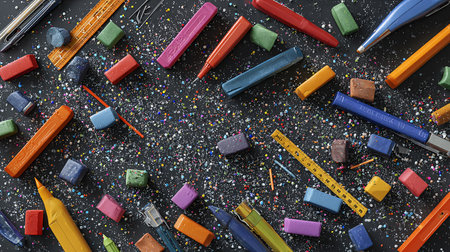 Colorful crayons and pens on black background, top viewの素材