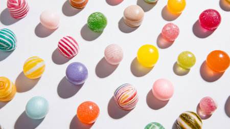 Colorful candies on white background. Top view. Flat lay.の素材