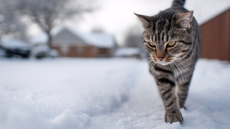 Cute tabby cat walking on the snow in winter day.の素材