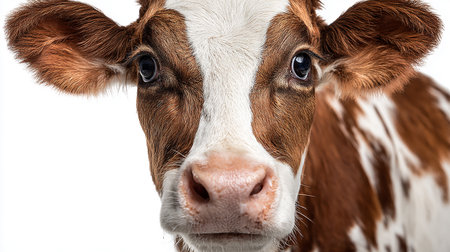 Close-up portrait of a young calf on a white background.の素材