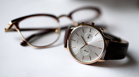 Wrist watch and glasses on a white background. Selective focus.の素材