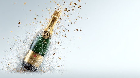 Bottle of champagne with splash and golden confetti on white backgroundの素材
