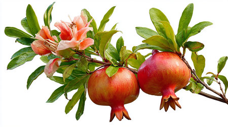 pomegranate branch with flowers and fruits on a white backgroundの素材