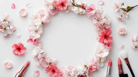 Flat lay, top view. Frame made of pink flowers and cosmetics on white backgroundの素材