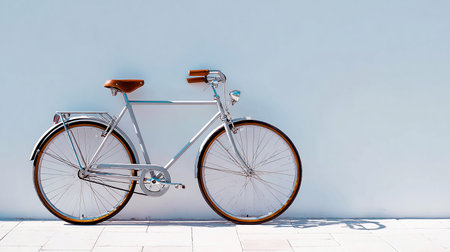 Bicycle leaning against a blue wall in a sunny summer day.の素材