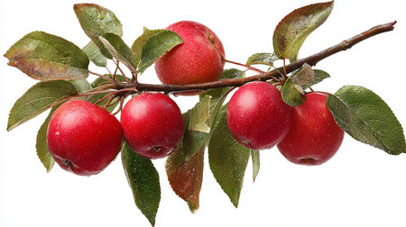 Red apples on a branch with leaves isolated on a white background.の素材