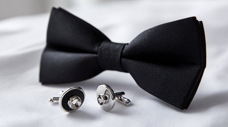 Black bow tie and cufflinks on a white background close-upの素材