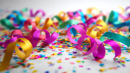 Colorful confetti and streamers on white background, close upの素材