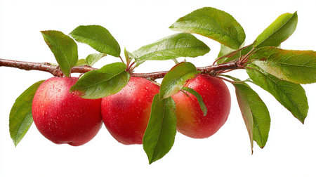 Red apples on a branch with green leaves isolated on white background.の素材
