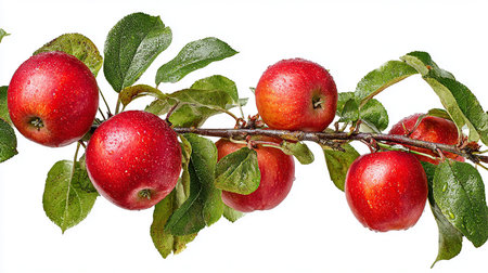 Red apples on the branch with leaves isolated on a white background.の素材