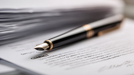 Close up of a fountain pen on a document with documents in the backgroundの素材