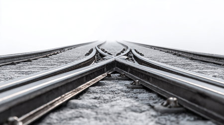 Railway tracks in the snow, close-up, selective focusの素材