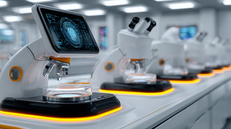 Microscope in modern scientific laboratory. 3d rendering, science and technology conceptの素材