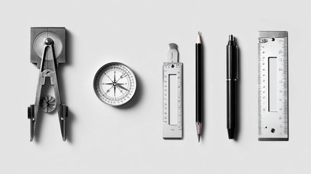 Compass, pencils, ruler and compass on a white backgroundの素材