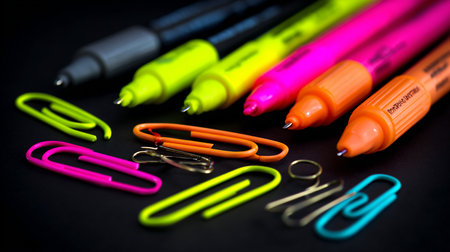 Colorful pens and paper clips on black background. Selective focus.の素材