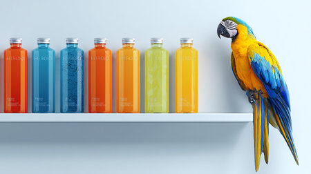 Colorful smoothie bottles and parrot on shelf. 3d illustrationの素材