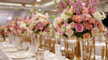 Wedding table decoration with pink and white flowers on the tableの素材