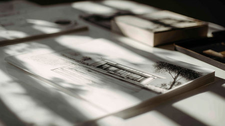 Open book on a table in the sunlight. Vintage style. Selective focus.の素材
