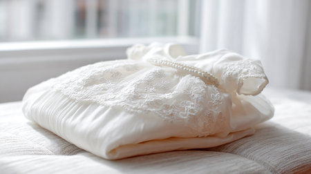 White wedding dress on the bed. Selective focus and shallow depth of field.の素材