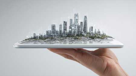 Hand holding tablet pc with modern city on screen. 3D renderingの素材