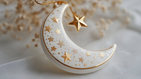 Golden moon with stars on a white fabric background. Christmas and New Year concept.の素材