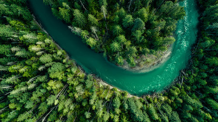 Aerial view of the forest and the river. Top view from drone.の素材