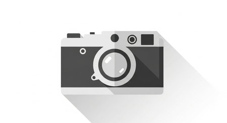 Camera icon with long shadow on white background. Flat design. Vector illustration.の素材