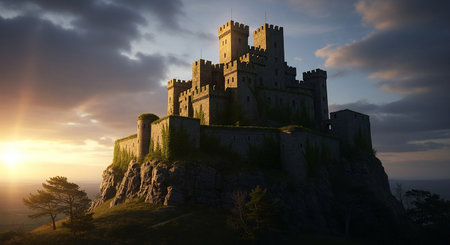 Ruins of a castle on a cliff at sunset. 3d renderの素材