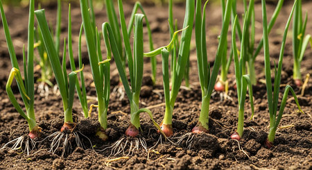 Green onions growing in the garden. Growing onions in the garden.の素材